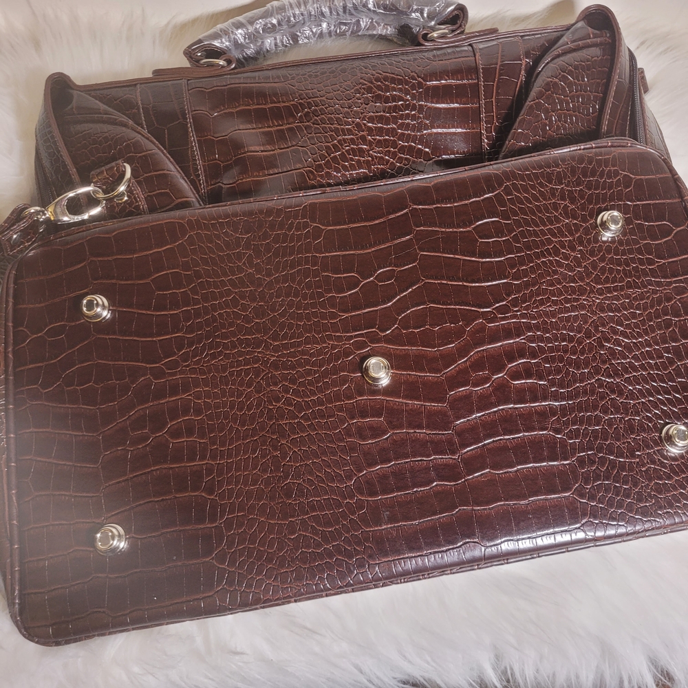 Vtg Brown Crocodile Embossed Bag/Weekender/Work NWTS - Picture 5 of 11